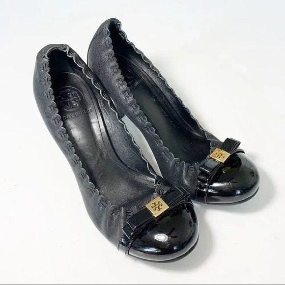 Tory Burch Romy Pump Black Leather Heels Women’s‎ Size 7 Patent Ruffle Luxe Look - Picture 5 of 11